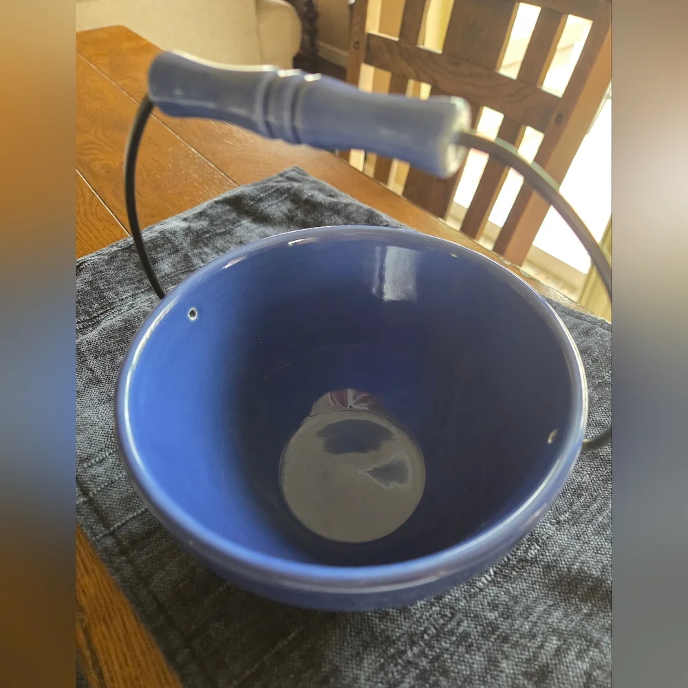Vintage WCL Blue Pottery Basket Metal Handle Ceramic Handle Basket Weave Bowl